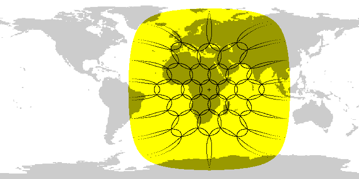 Footprint of geostationary satellite showing four tiers of uncontoured spotbeams